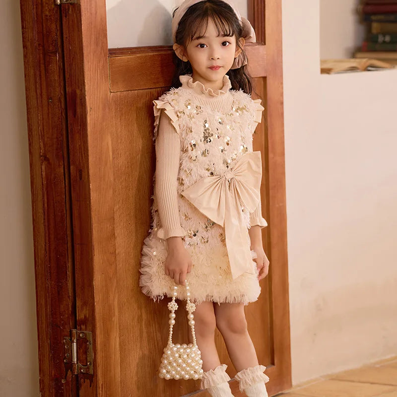 Kids Girls Bow Sequins Sleeveless TUTU Dresses