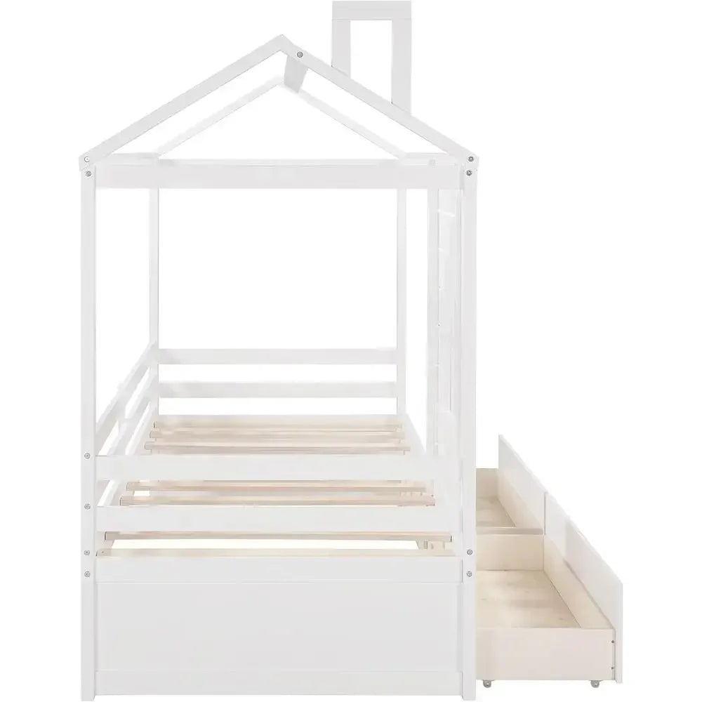 Twin Size Wood Storage Bunk Bed with Window and Roof