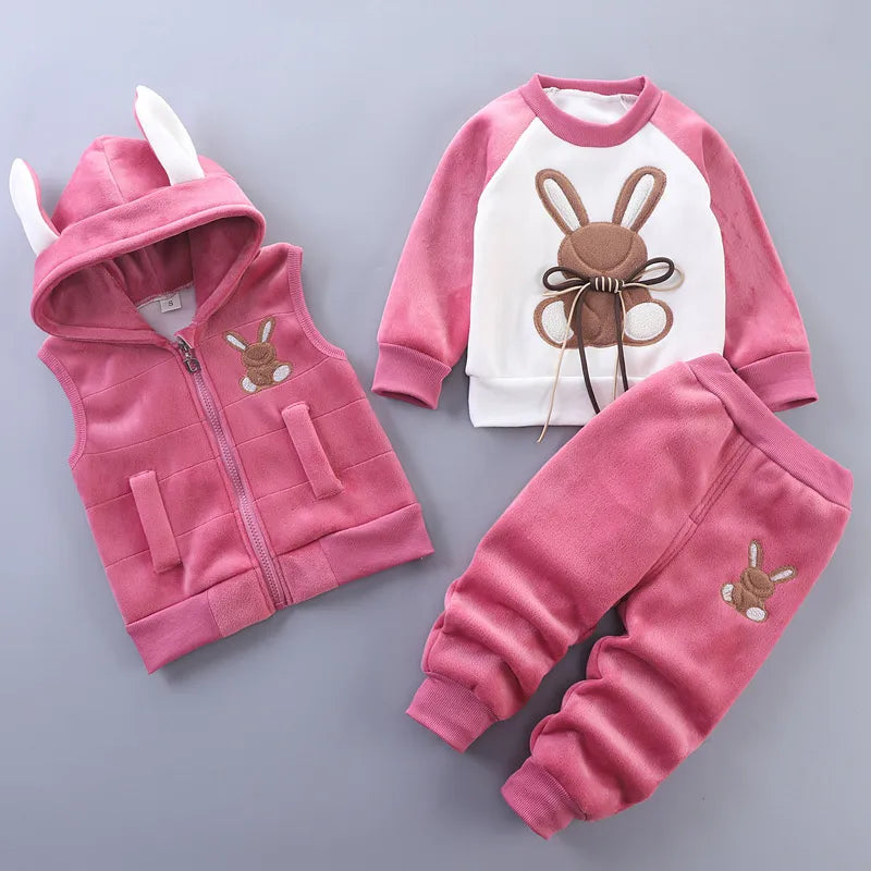 Baby Fleece Cartoon Bear Design, 3 Pieces Warm Clothing Set childrensterritory