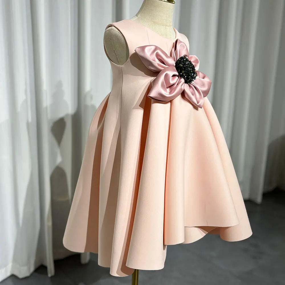 Girls' Stylish A-Line Puffy Satin Dress with Flower Pattern