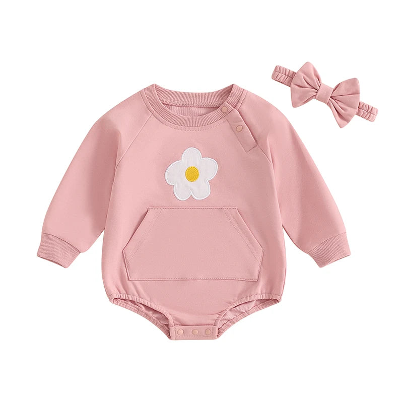 Flower Print Baby Girls Romper with Bowknot Headband