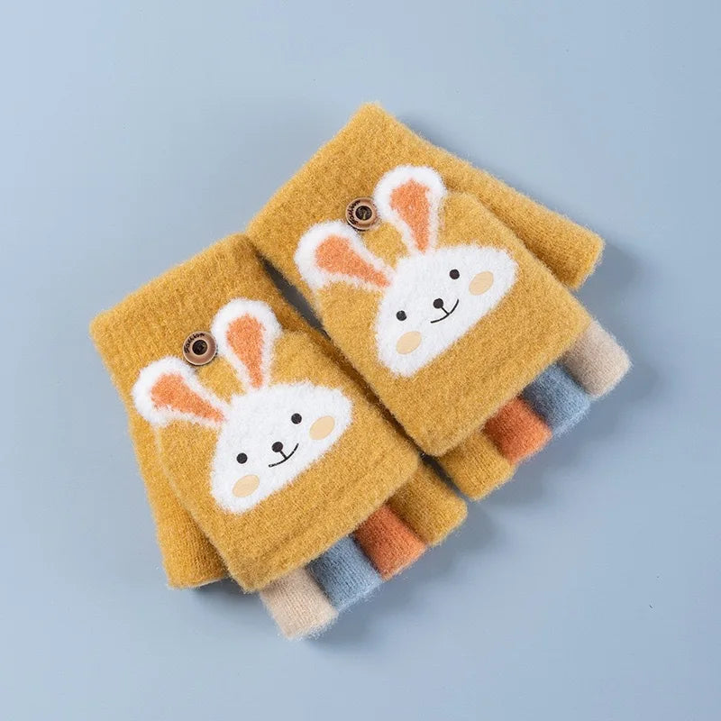 Cartoon Bunny Warm Half Finger Flip Gloves for Kids