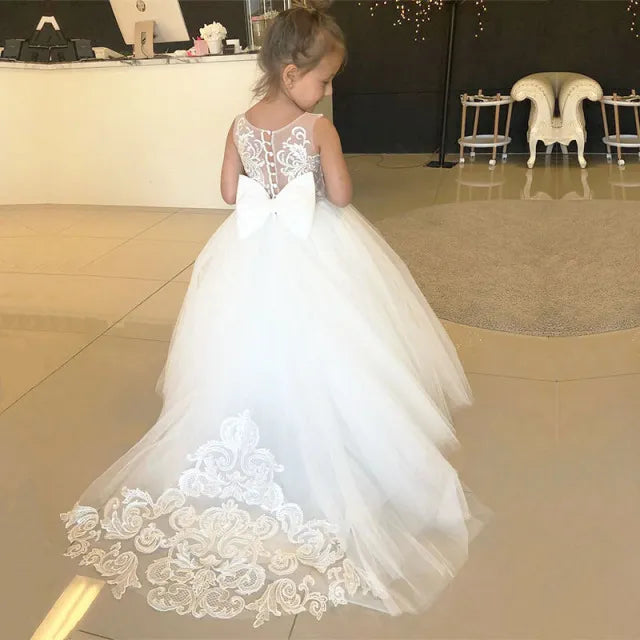 Kids Girl Long Train Floor Length Princess Ball Gown With Bow childrensterritory