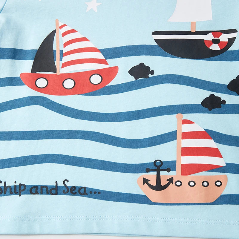 Kids Boys Ship Prints Cotton Short Sleeve T-shirt