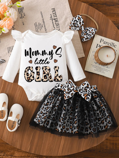 Newborn Girls Short Sleeve Letter Romper + Skirt 3pcs Set