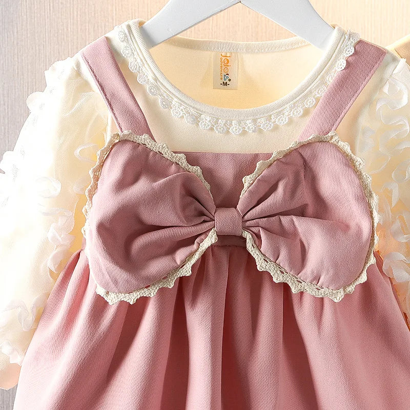Baby Girls' Long-Sleeved Bow-Design Elegant Dresses