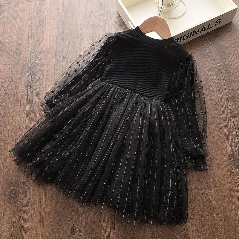 Kids Girls Long Sleeve Mesh Cotton Winter Party Dresses