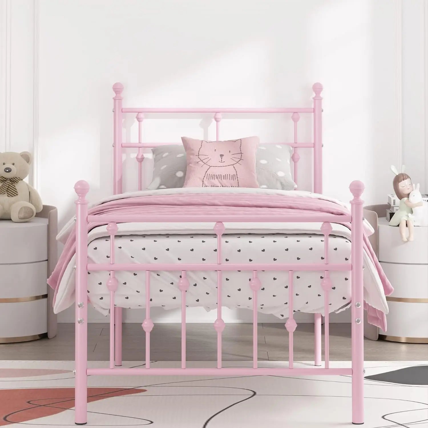 Twin Size Pink Metal Bed Frame with Headboard childrensterritory