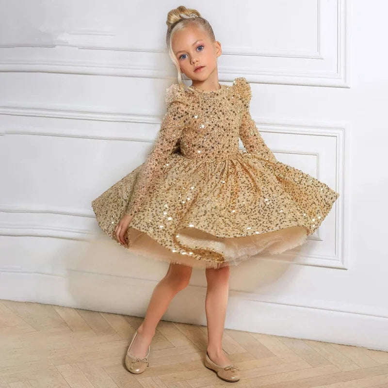 Sequin Glod Glitter Flower Girl Dress for Wedding Party