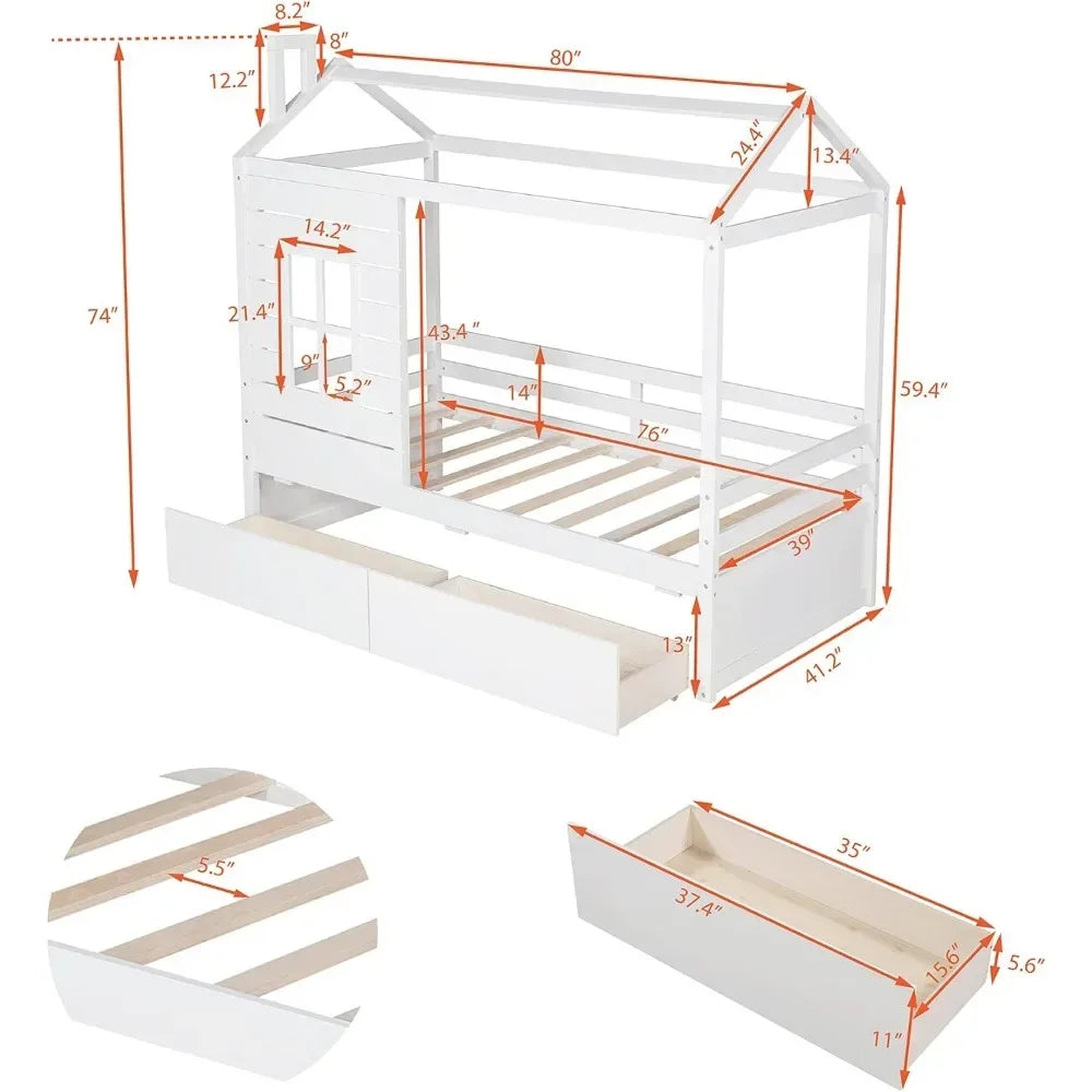 Twin Size Wood Storage Bunk Bed with Window and Roof