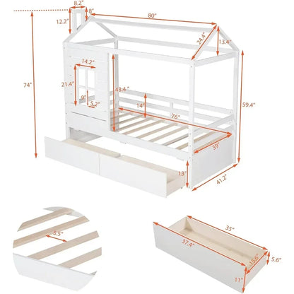 Twin Size Wood Storage Bunk Bed with Window and Roof