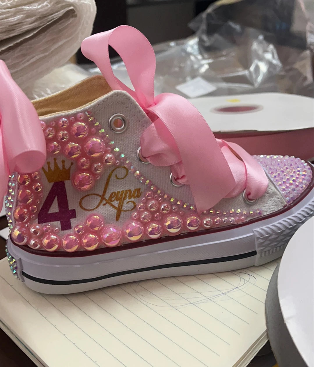 Kids Girls Pink Sparkle Gold Rhinestones Canvas Sneakers