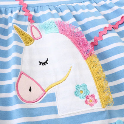Little Girls Striped Unicorn Design Cotton Dresses For Summer childrensterritory