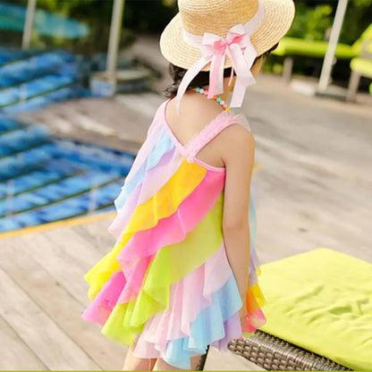 Sleeveless Rainbow Color Beach Dress For Kids Girls