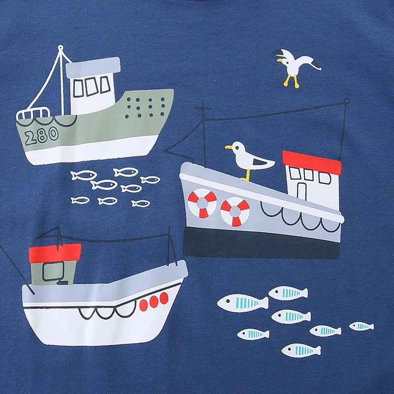 Cartoon Ships Design Summer T Shirts for Kids Boys