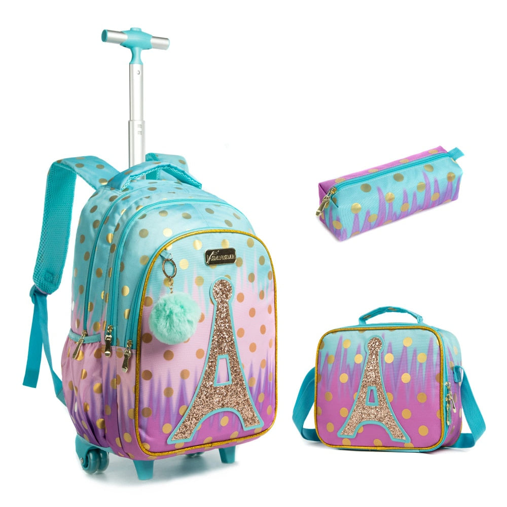 Kids Girls Eiffel Tower Sequins 3Pcs Wheeled School Backpack Set childrensterritory