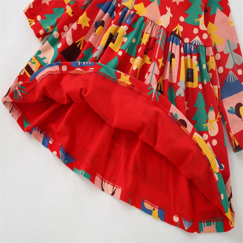 Kids Girls Cartoon Print Long Sleeve Winter Party Dresses childrensterritory