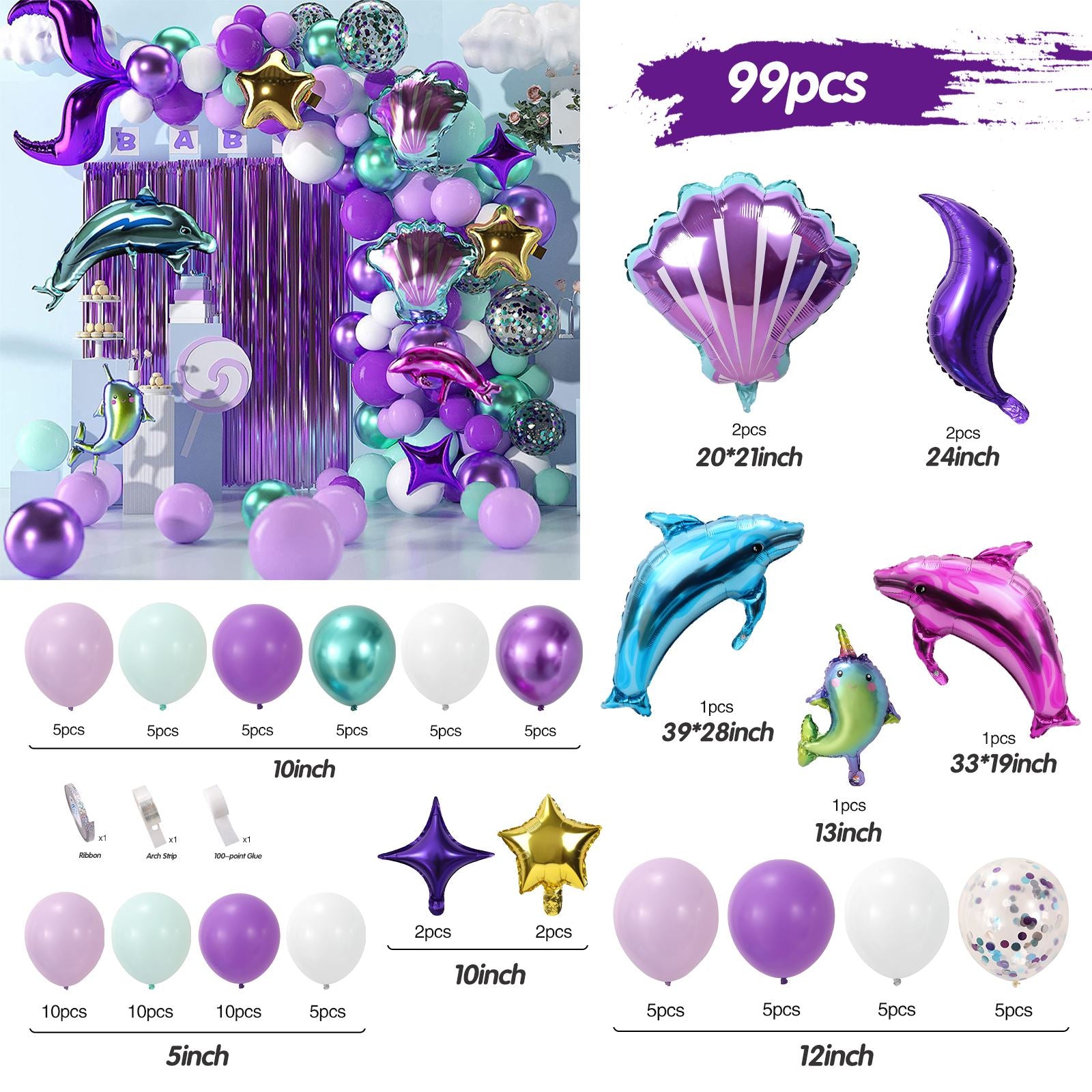 75/87/102 Pcs Little Mermaid Theme Party Balloon Arch Decorations childrensterritory