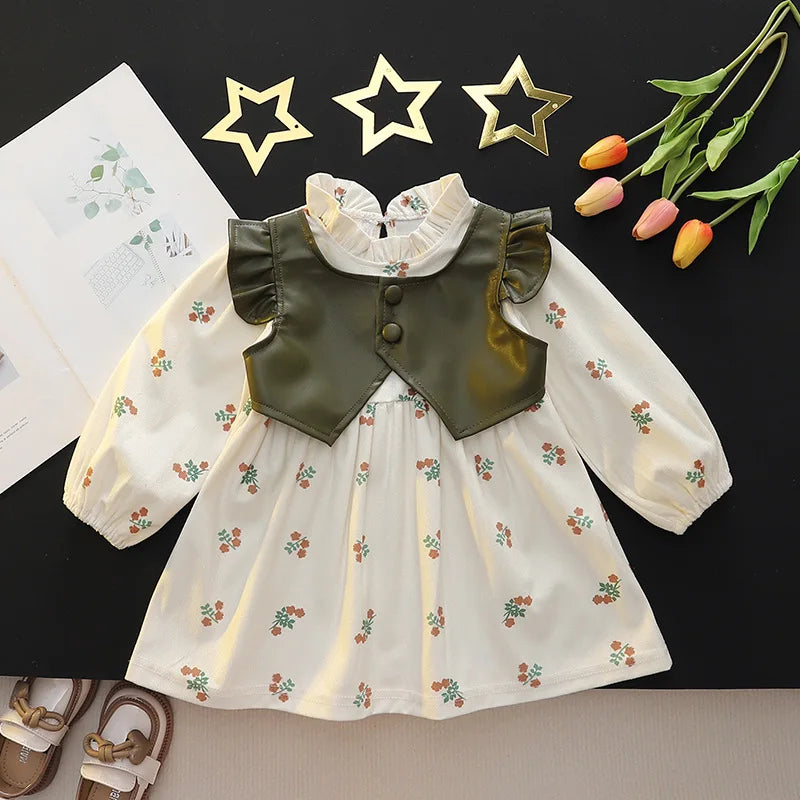 Girls' Flower Print Long-Sleeve Casual Dresses childrensterritory