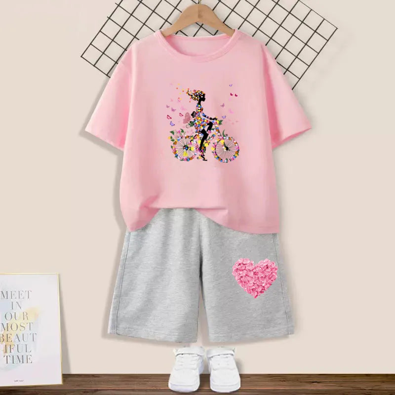 Kids Girls Butterfly High Heel T-shirt +Shorts 2 Piece Tracksuits childrensterritory