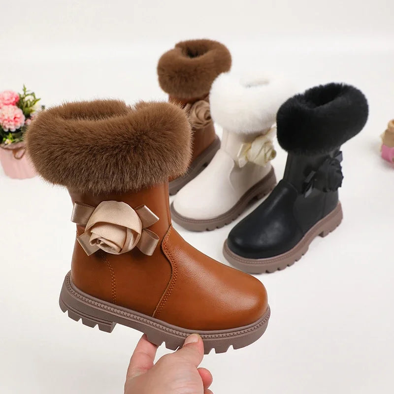 Princess Girls Zipper Flower Design Warm Fur Boots childrensterritory