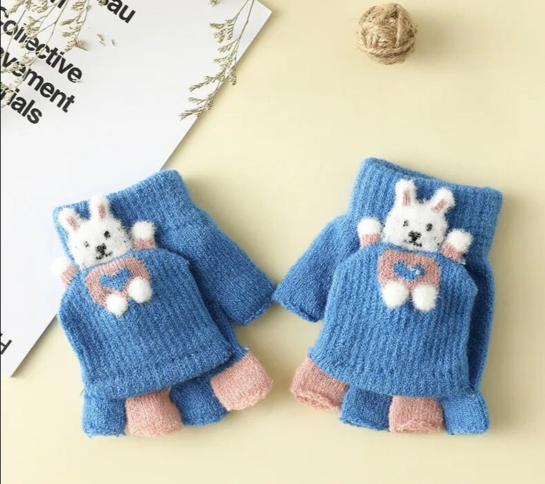 Cartoon Bunny Warm Half Finger Flip Gloves for Kids childrensterritory