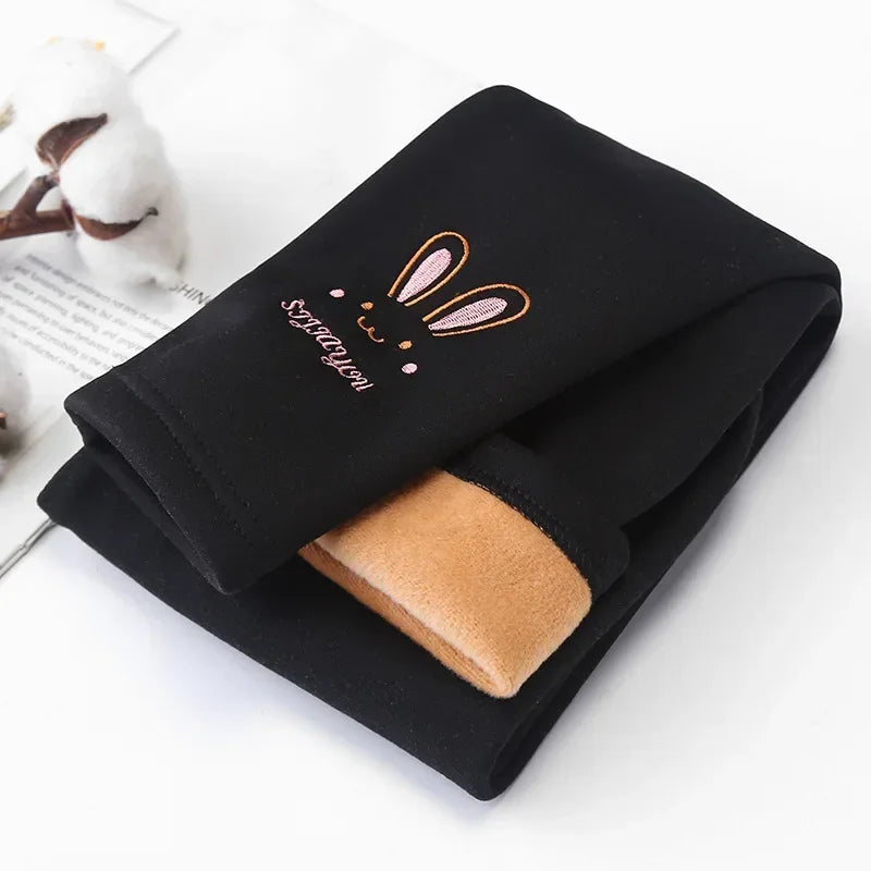 Little Girls Thick Warm Rabbit Print Solid Trousers childrensterritory
