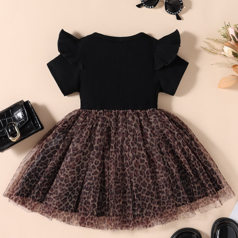 Little Girls Leopard Printed Ruffled Bowknot Party Dress childrensterritory