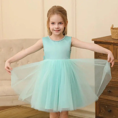 Kids Girls Solid Color Pearl Bow Design Fluffy Princess Dresses childrensterritory
