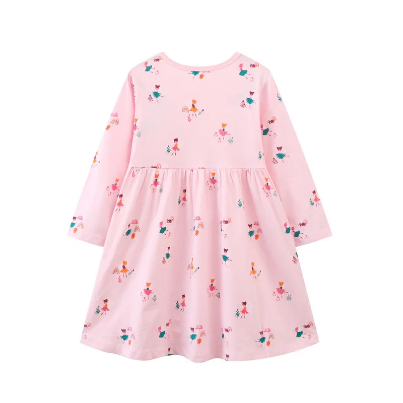 Girls Long-Sleeves Cartoon Print Casual Dresses childrensterritory