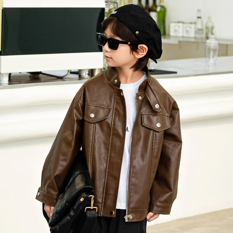 Stylish Kids Boys Girls Solid Color Leather Jackets childrensterritory