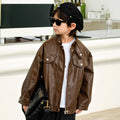 Stylish Kids Boys Girls Solid Color Leather Jackets childrensterritory