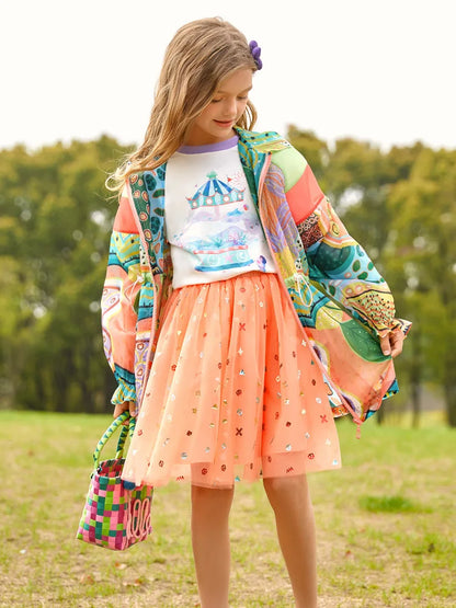 Kids Girls Tie Dye Print Thin Trench Coat and T-shirt childrensterritory