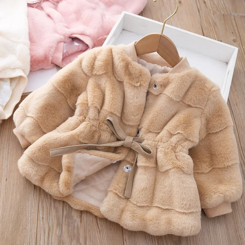 Girls’ Stylish Soft Long-Sleeve Winter Fur Coat childrensterritory