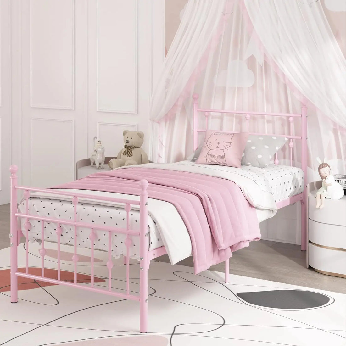 Twin Size Pink Metal Bed Frame with Headboard childrensterritory
