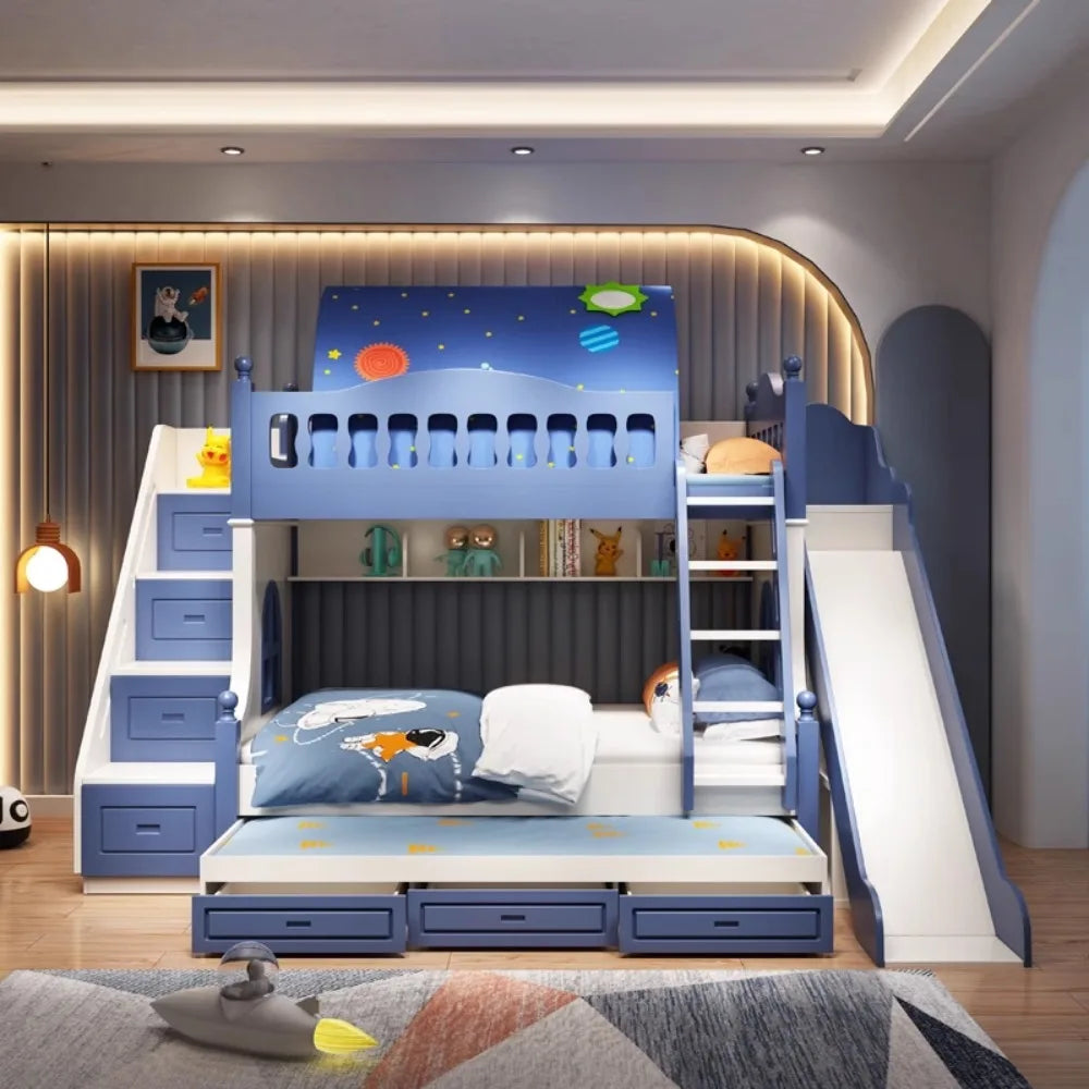 Space Saver Wooden Bunk Bed with Staircase and Storage