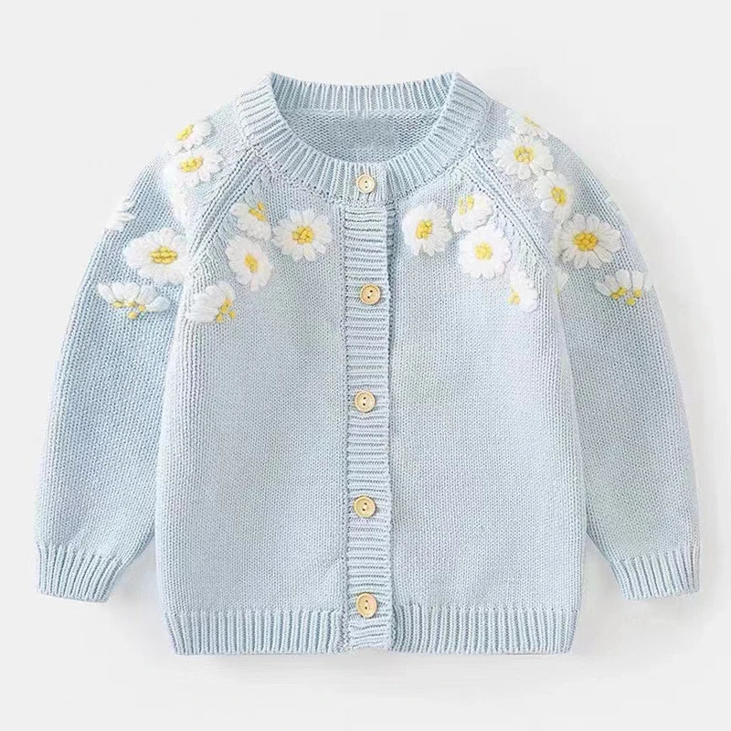 Kids Girls Light Blue Floral Embroidery Cardigan childrensterritory