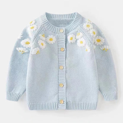 Kids Girls Light Blue Floral Embroidery Cardigan childrensterritory
