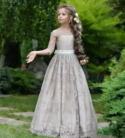 Girls A-Line O Neck Half Sleeves Long Weddings/Communion Gowns childrensterritory