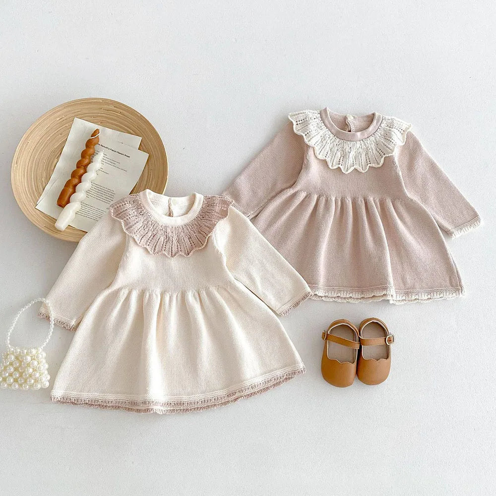 Girls’ Long Sleeves Collar Design Warm Dresses