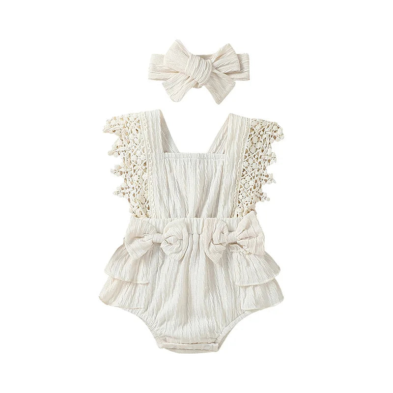 Baby Girl Cotton Linen Bow-knot Sleeveless Romper