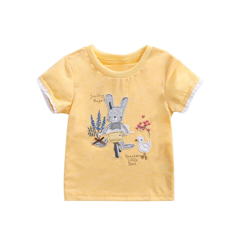 Cartoon Embroidery Short Sleeves Summer Tops for Kids Girls