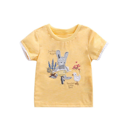 Cartoon Embroidery Short Sleeves Summer Tops for Kids Girls