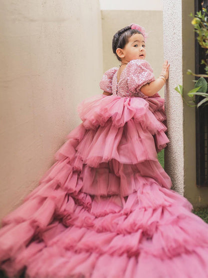 Fluffy High-Low Tiered Princess Birthday Party Gown for Girls childrensterritory