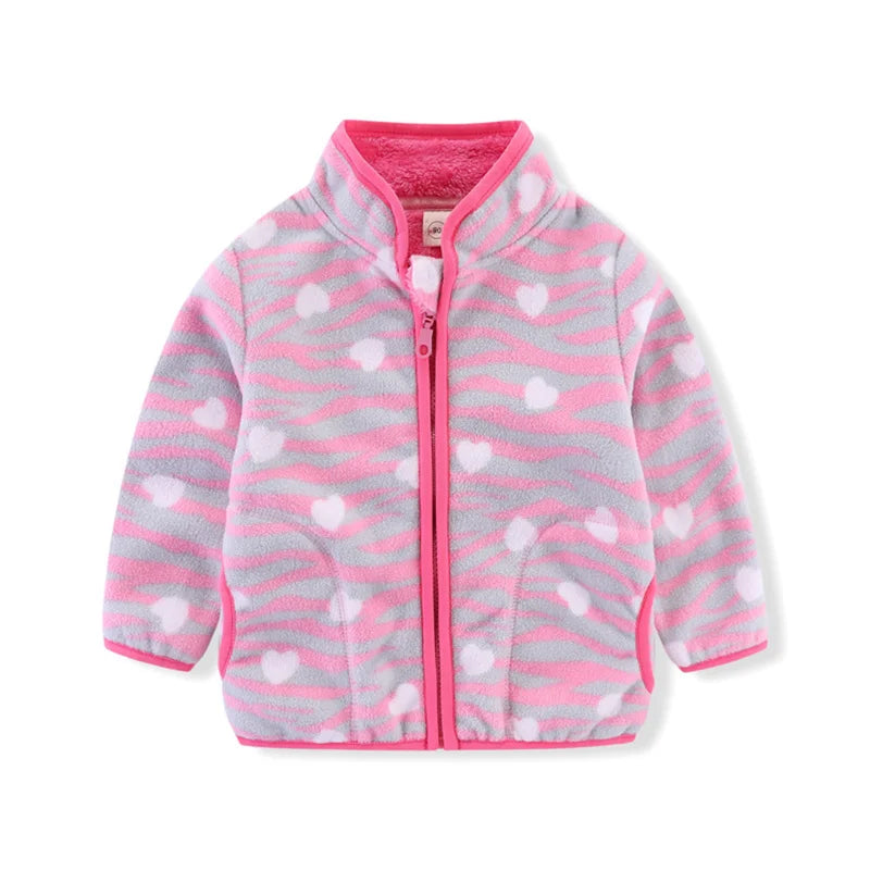 Kids Girls Warm Fleece Flowers Print Zipper Jackets