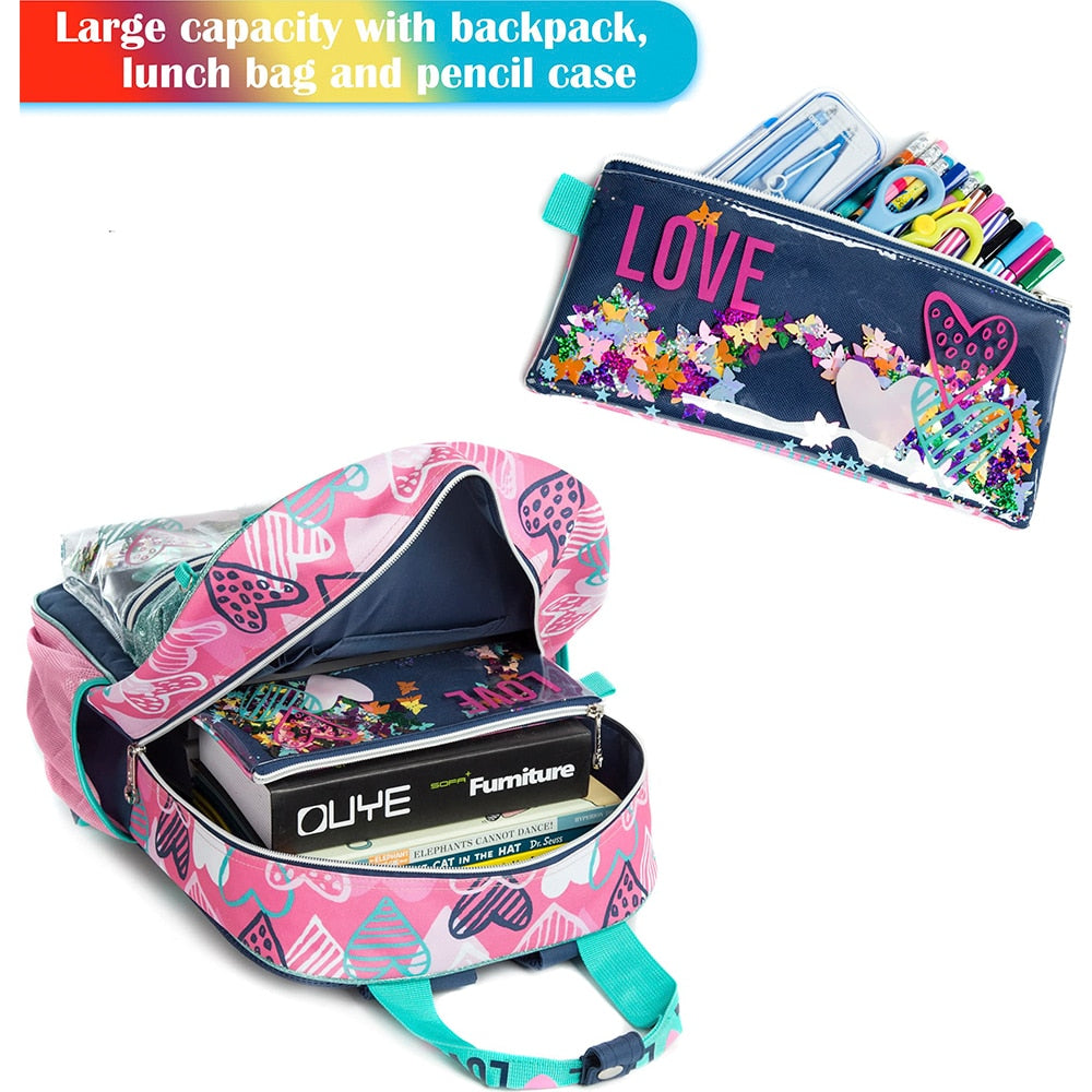 Kids Girls Love Print Sequin 3pcs School Backpack/Bag Set childrensterritory