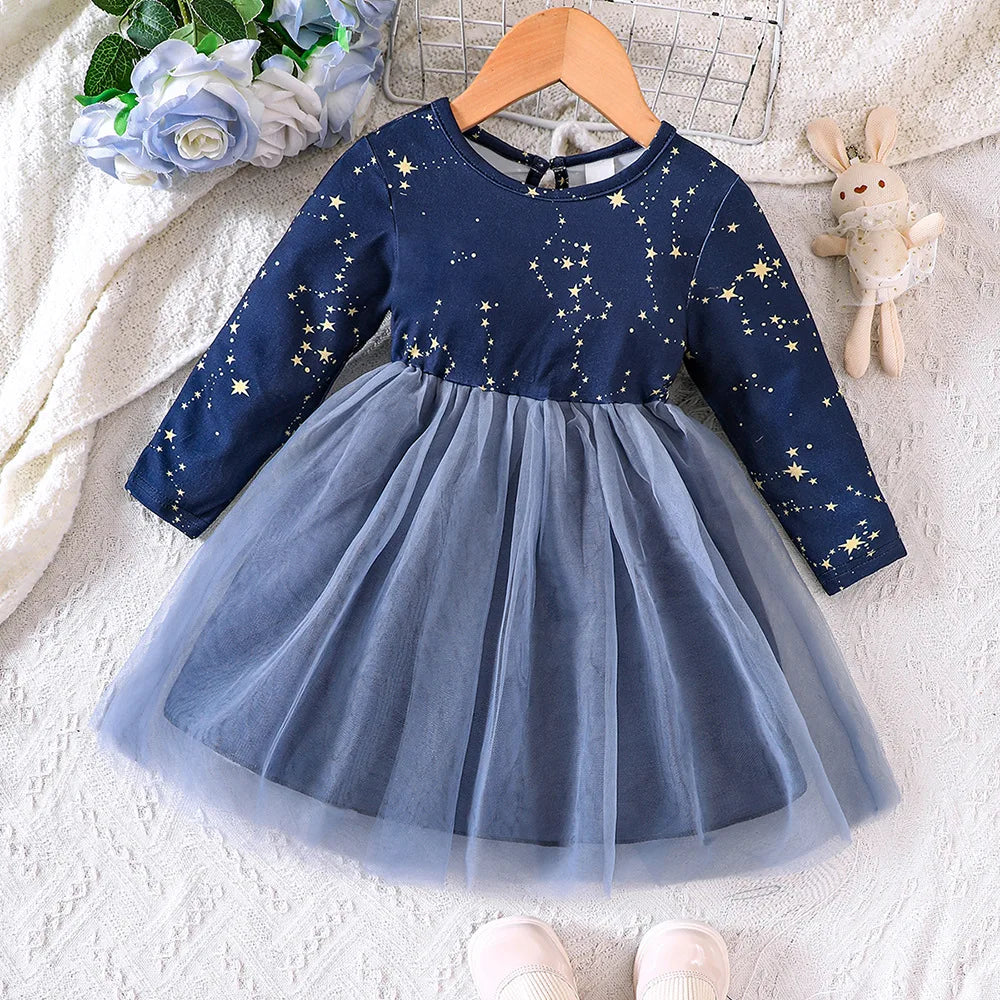 Baby Girl Stars Print Long Sleeve Mesh Princess Dress childrensterritory