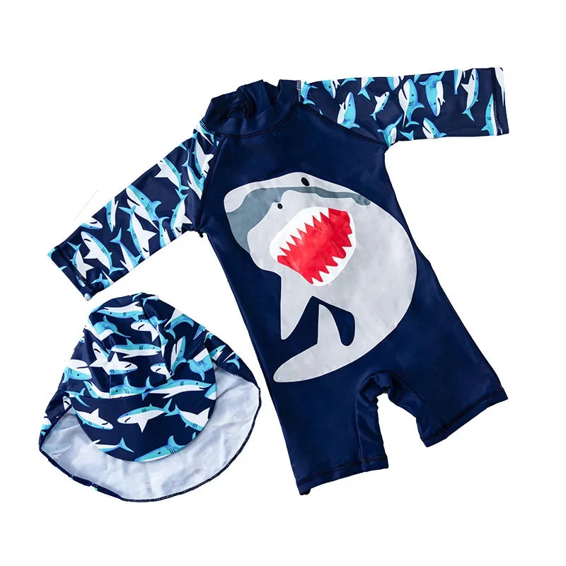 Baby/Kids Boys One Piece Shark Print Swimwear with Hat