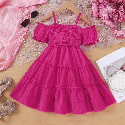 Cold Shoulder Shirred Frill Beach Party Dress for Young Girls