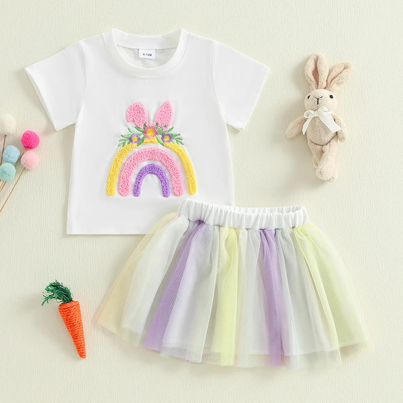 Rainbow Embroidery T-Shirt with Tulle Skirt Set for Little Girls childrensterritory